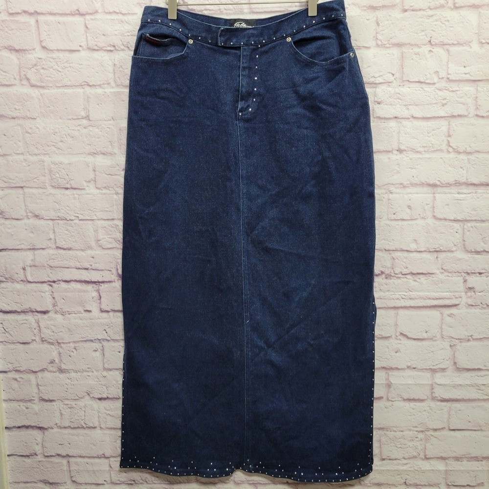 VTG FUBU Denim Maxi Skirt Womens‎ 14 Dark Blue Rhinestone Y2K Grunge Streetwear